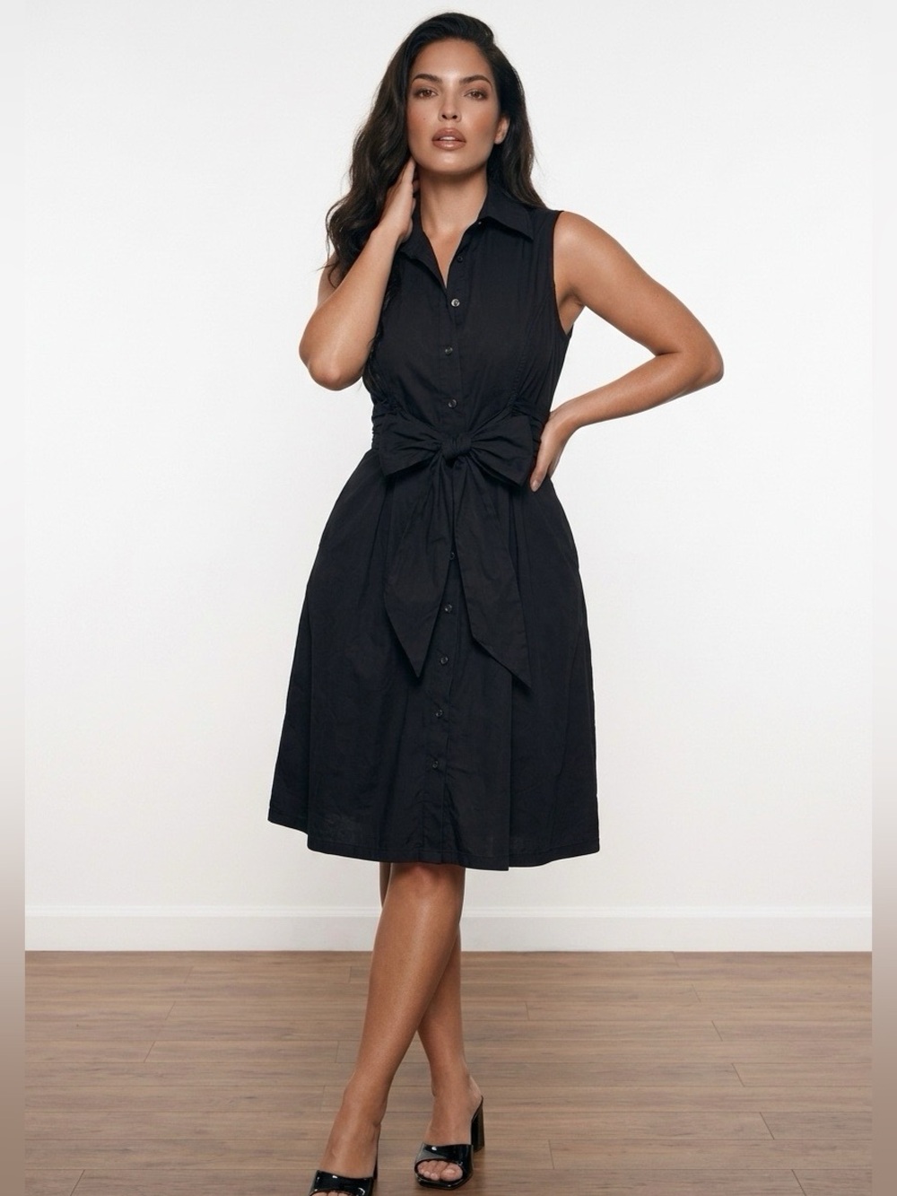 SHANI Button Down Shirt Summer Dress Sleeveless‎ Double Collar Size 6 Black